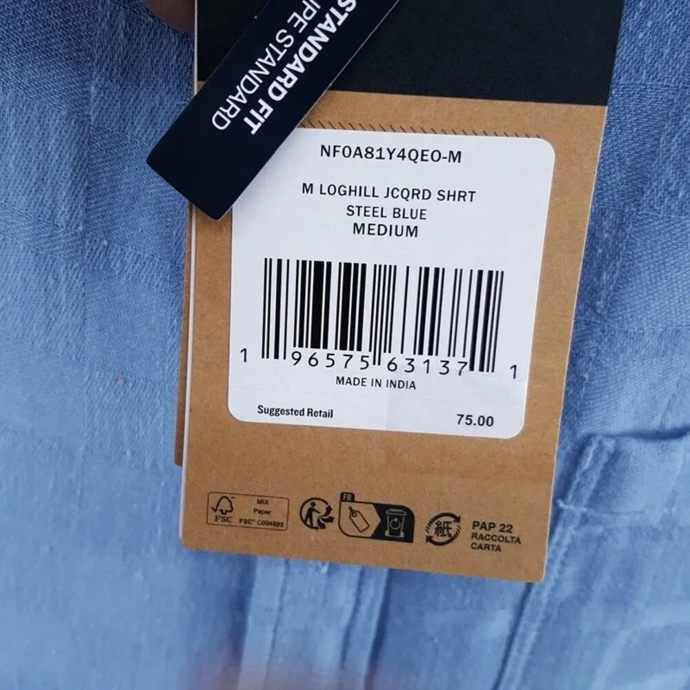 THE NORTH FACE Shirt Mens Medium Blue Button Up Cotton Hemp LOGHILL JACQUARD